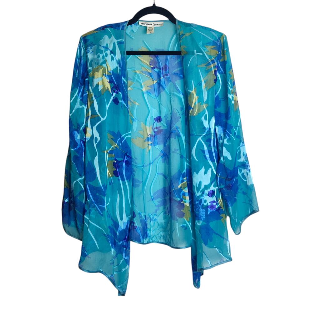 Aliki Yamani Sheer Silk Blend Artsy Blue Floral Flocked Kimono Medium Resortwear